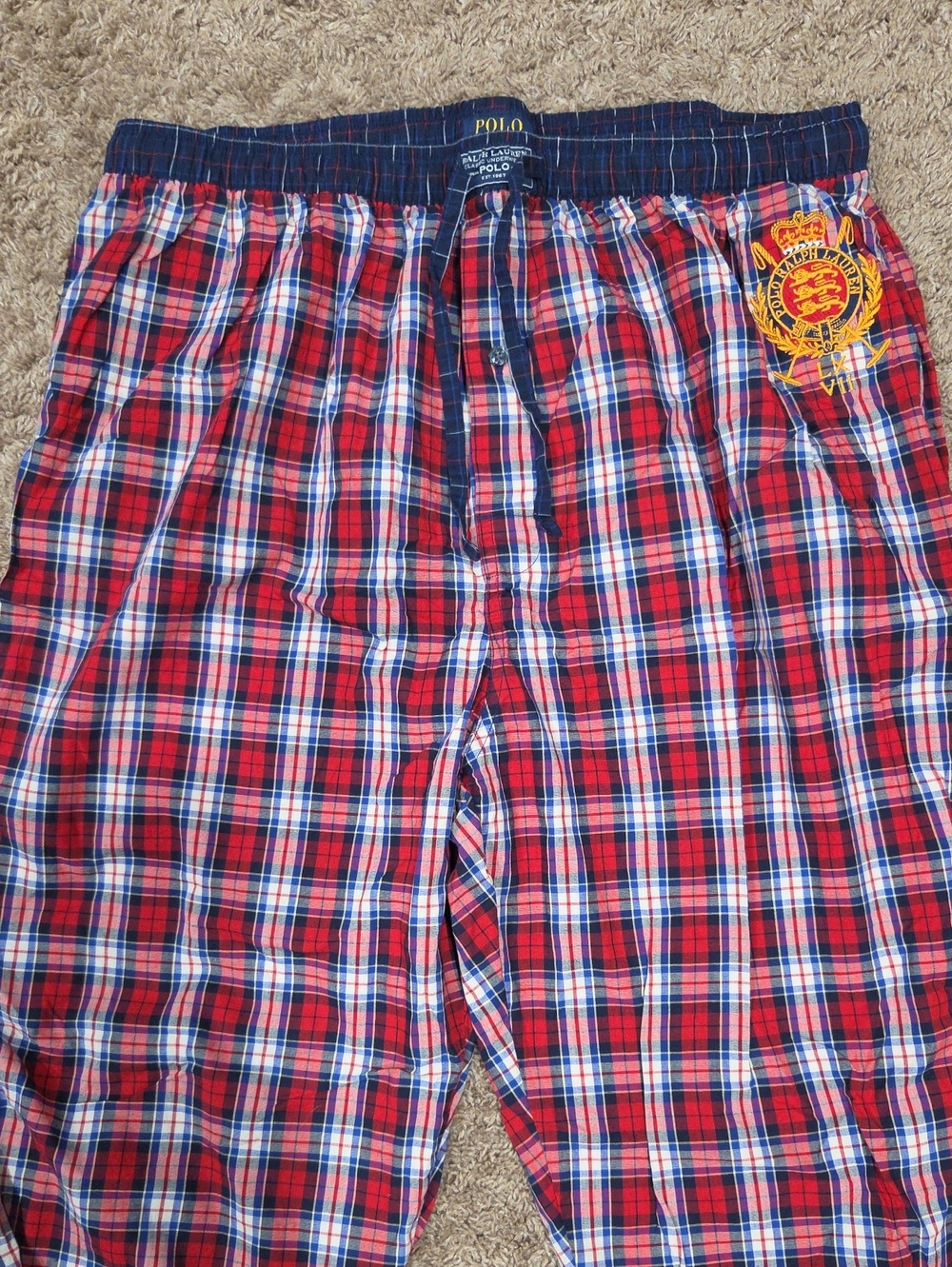 POLO Ralph Lauren Red Blue Plaid Cotton Pajama Pants Crest Logo XL